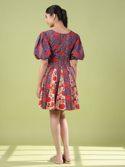 Dhiyona AY Women's Floral Print Puff Sleeve Fit & Flare Dress
