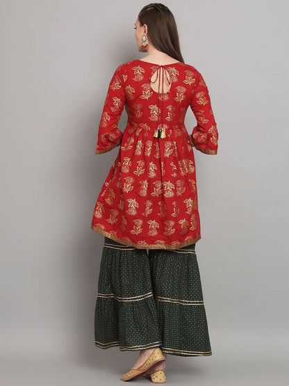 Dhiyona AN Maroon Floral Printed Zari A-Line Kurti With Sharara