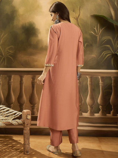 Women Solid Embroidered Kurta with Trousers