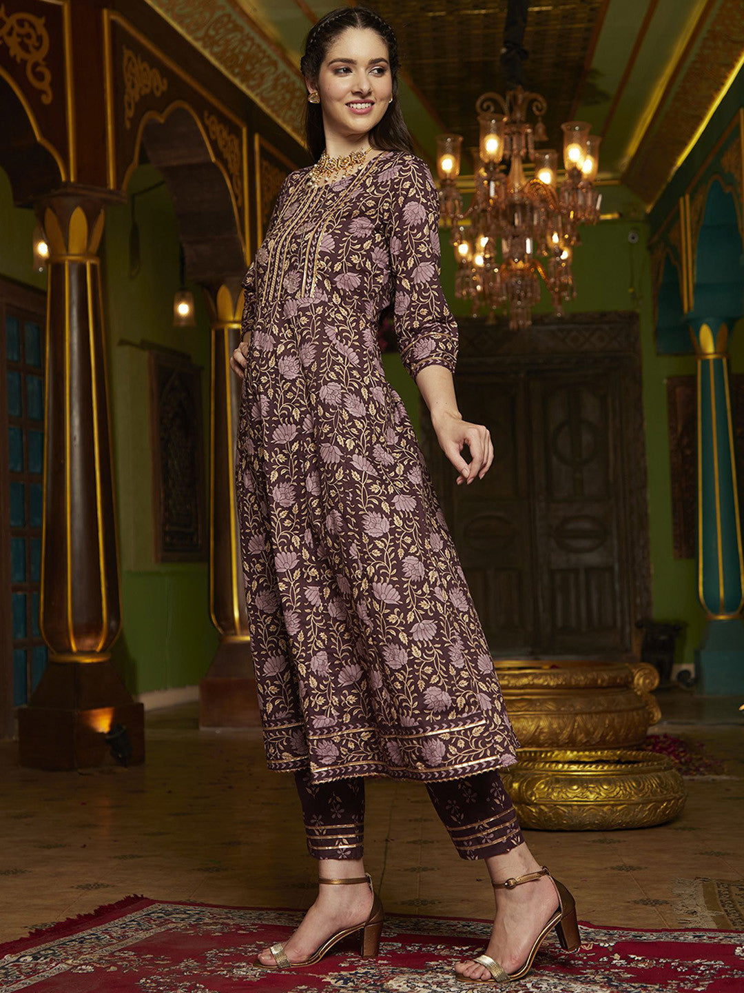 Floral Floral Printed Pure Cotton Anarkali Kurta With Trousers And Dupatta