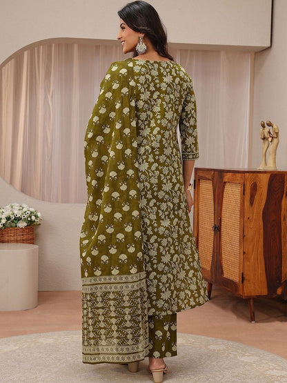 Green Floral Printed Cotton Straight Suit Set