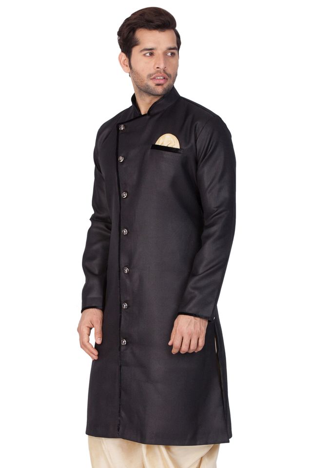 Men's Black Cotton Blend Regular Sherwani Set