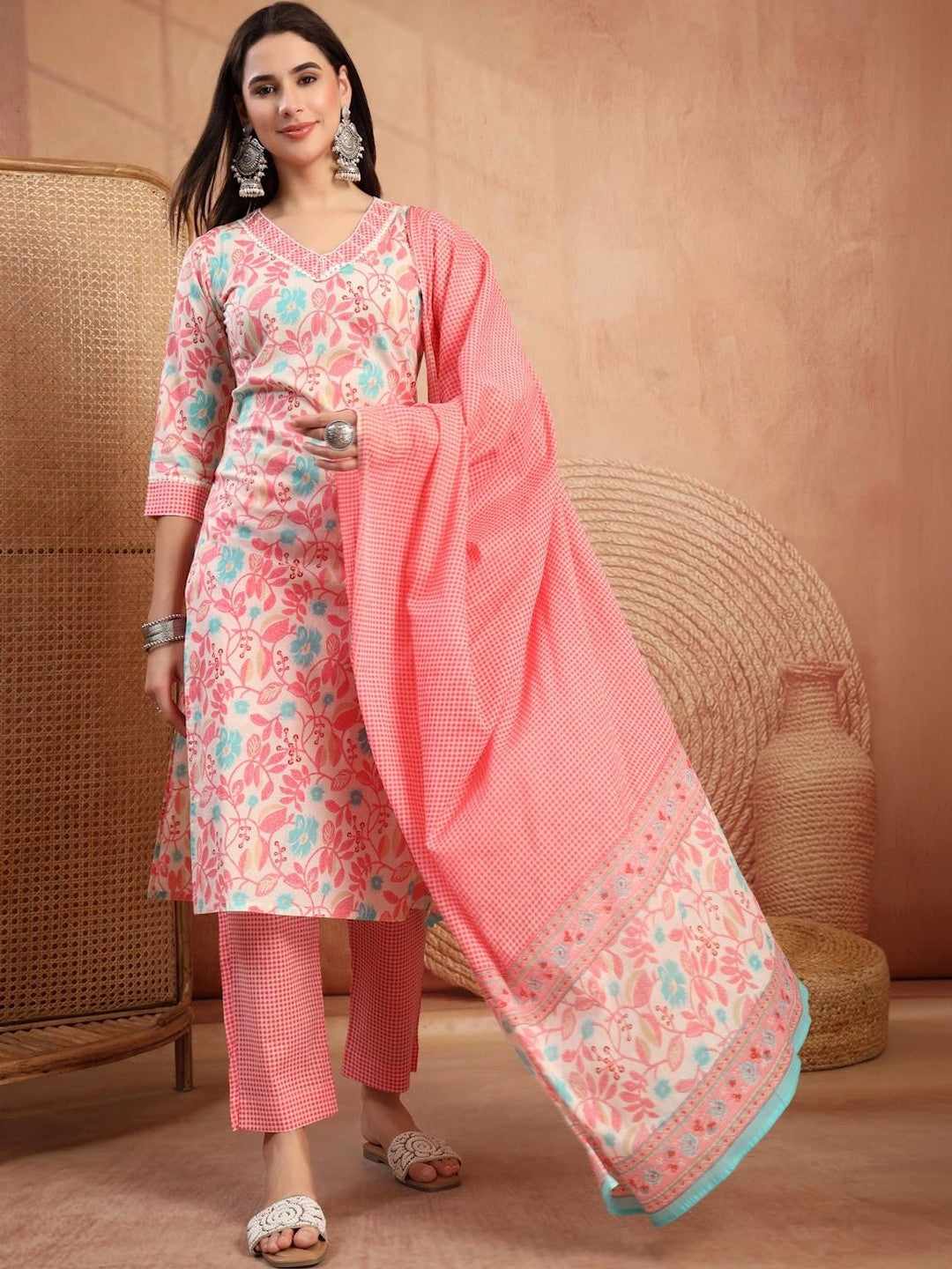 Dhiyona SN Women Floral Printed Regular Pure Cotton Kurta with Trousers & With Dupatta