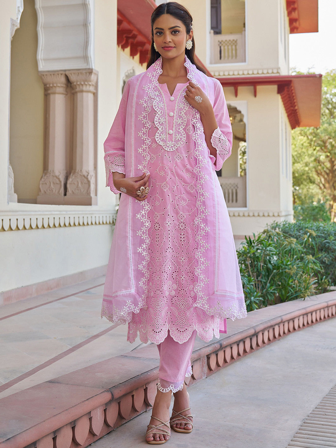 Women Floral Embroidered Cotton Kurta with Trousers & Dupatta