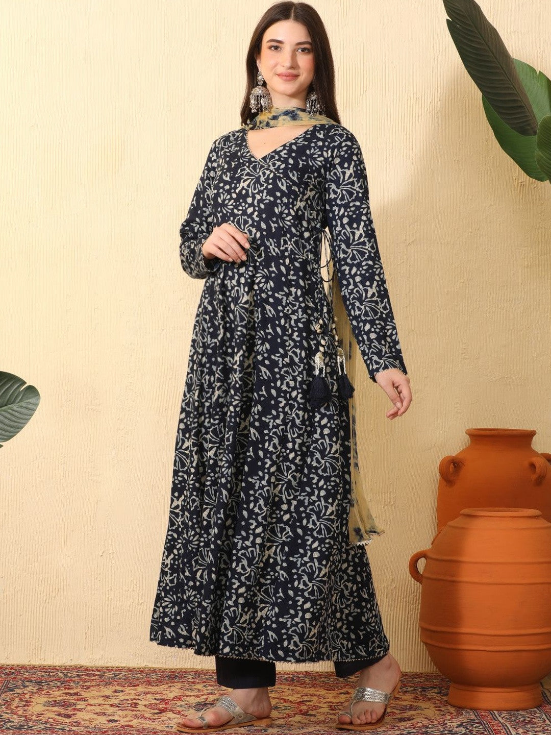 Women Ethnic Motifs Printed Angrakha Kurta with Trousers & With Dupatta