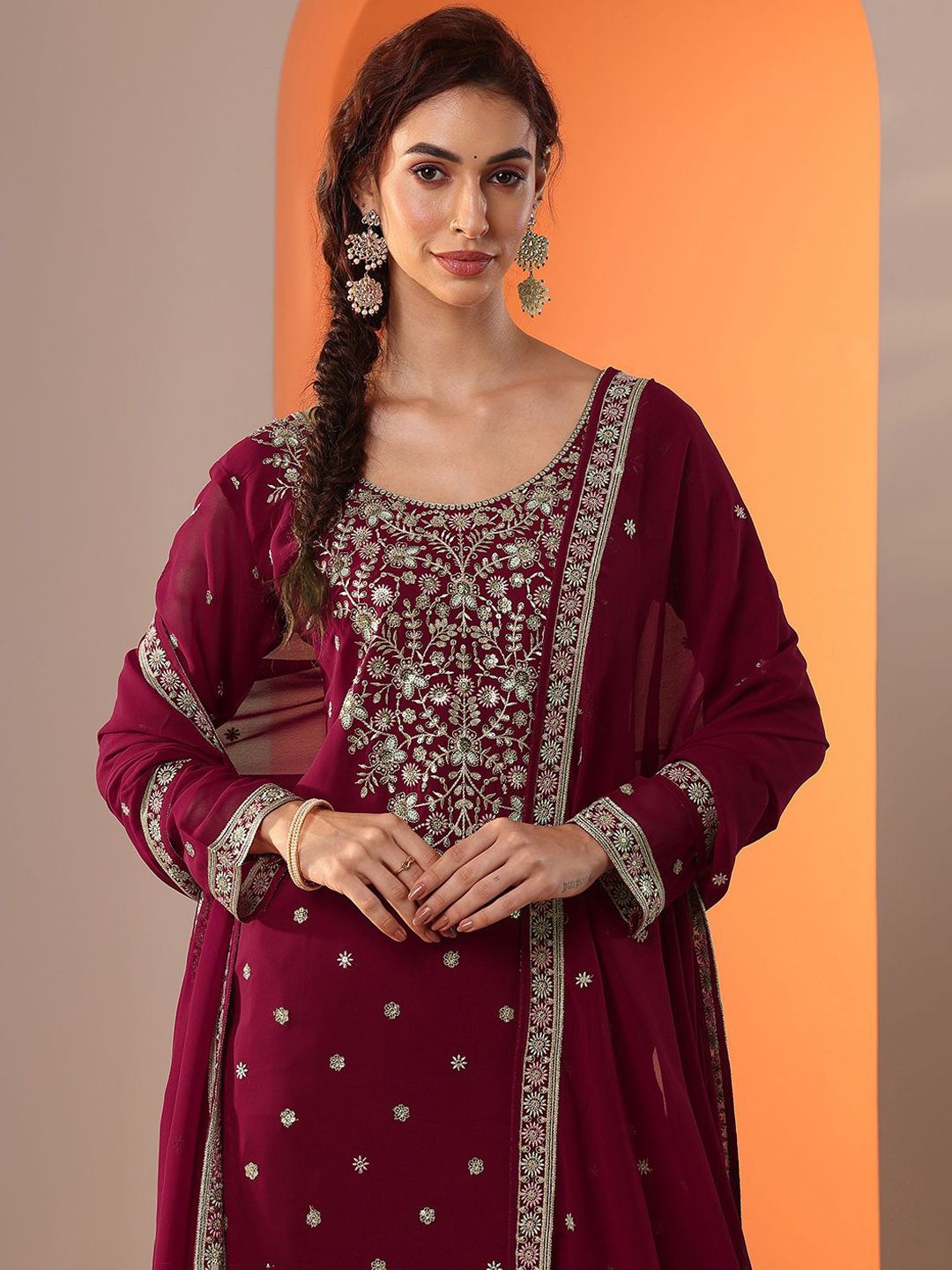 Dhiyona LL Floral Embroidered Scoop Neck Georgette Straight Kurta With Palazzos And Dupatta