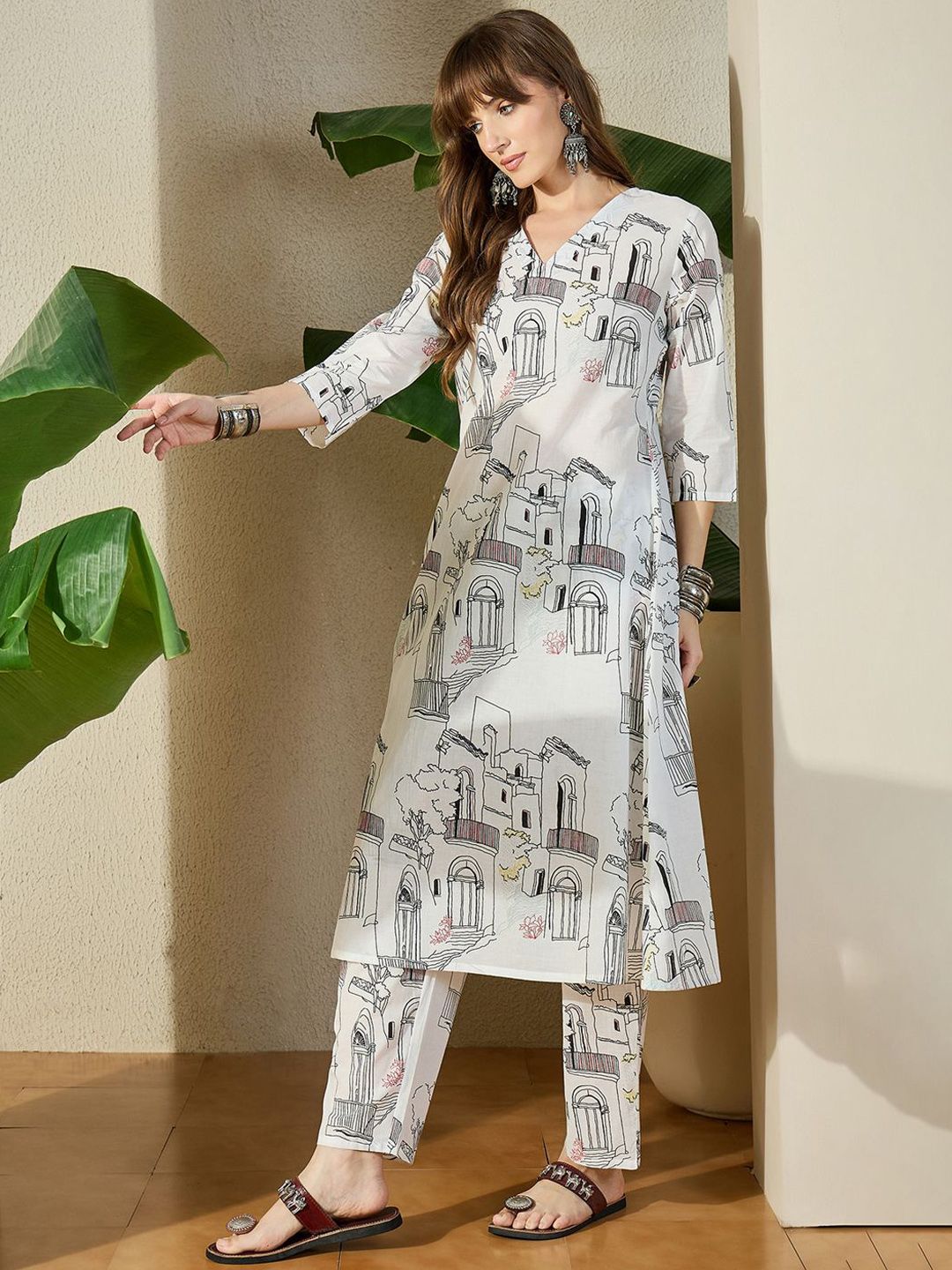 Dhiyona IE Printed Pure Cotton V-Neck Top With Trousers