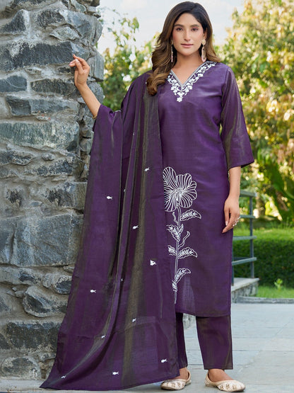 Embroidered V-Neck Kurti & Trousers With Dupatta