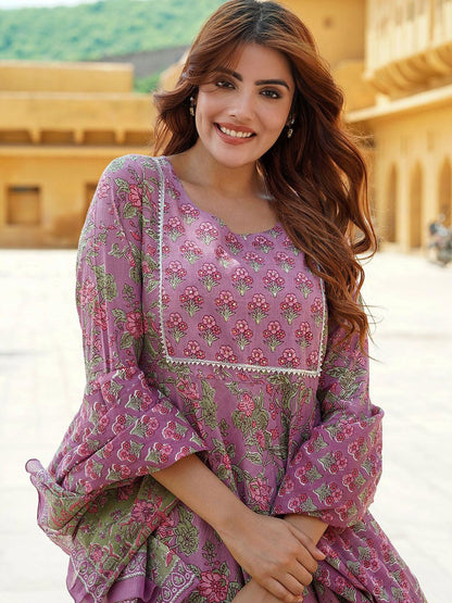 Dhiyona KL Floral Printed Gotta Patti Pure Cotton Anarkali Kurta With Trousers & Dupatta