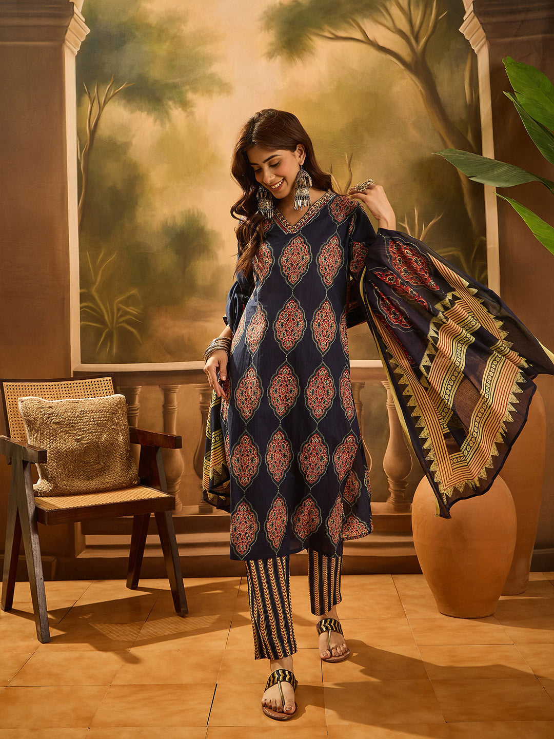 Ethnic Motifs Printed V-Neck Cotton Straight Kurta With Trouser & Dupatta