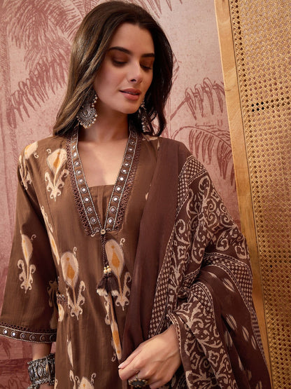 Women Ethnic Motifs Printed Regular Mirror Work Pure Cotton Kurta with Pyjamas & With Dupatta