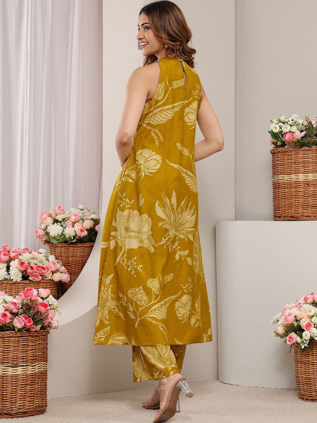Mustard Floral Printed A-line Kurta Set