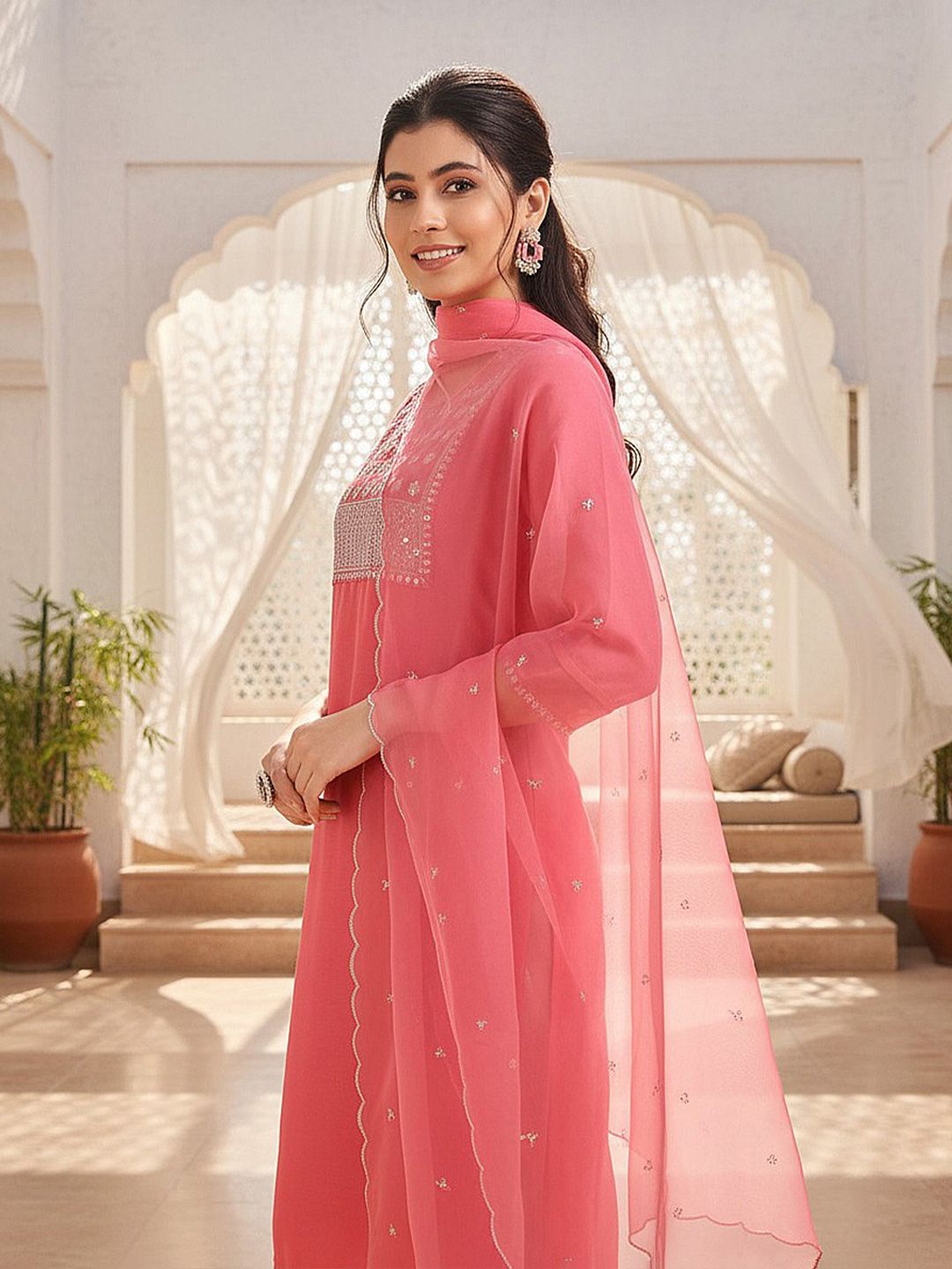 Dhiyona KL Ethnic Motifs Embroidered Sequinned Straight Kurta With Trouser & Dupatta