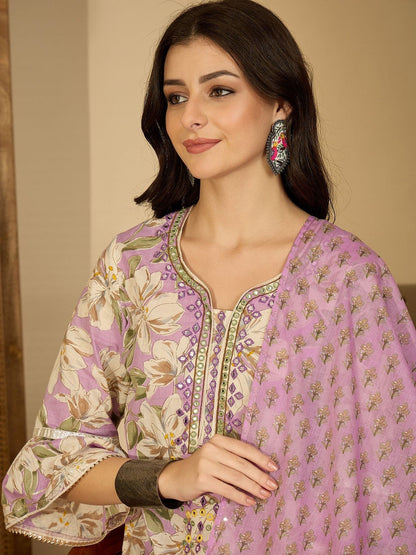 Floral Printed Notch Neck Thread Work Pure Cotton Kurta With Sharara & Dupatta