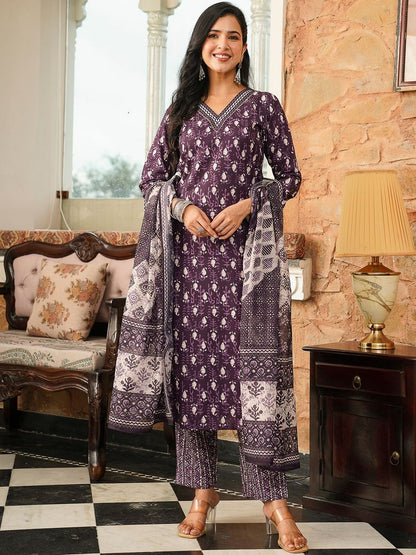 Dhiyona KL Ethnic Motifs Printed Straight Kurta With Trouser & Dupatta