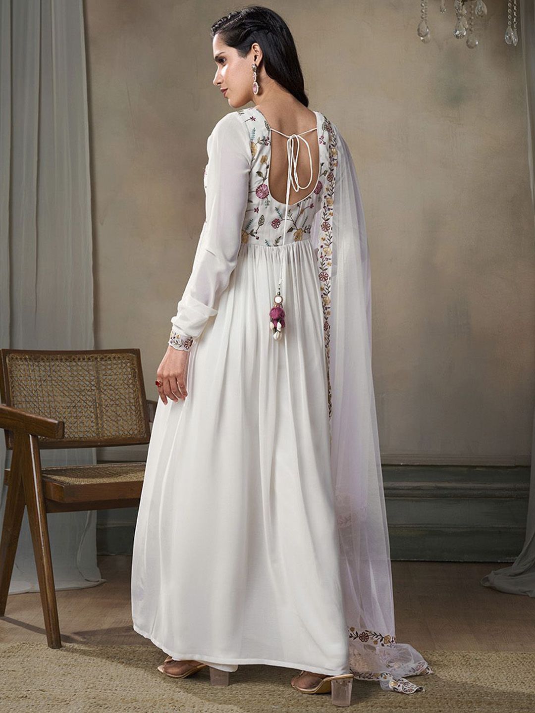 Dhiyona IN Floral Embroidered Thread Work Georgette A-Line Kurta With Palazzos And Dupatta