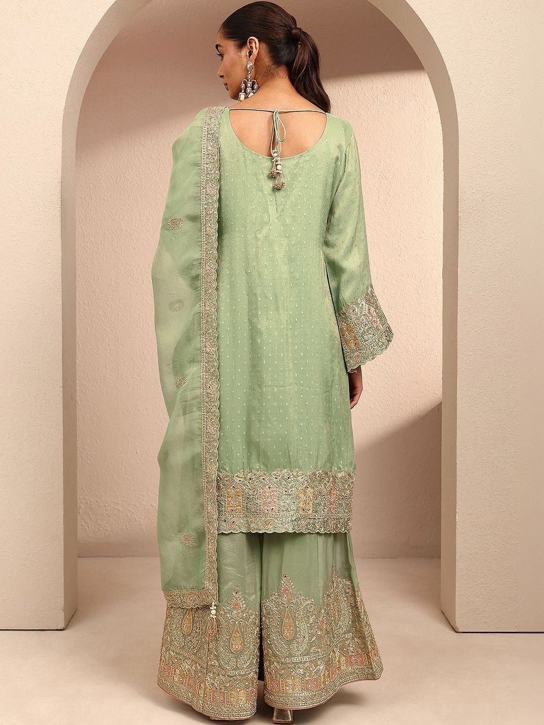 Dhiyona LL Women Ethnic Motifs Embroidered Regular Thread Work Kurta with Palazzos & With Dupatta