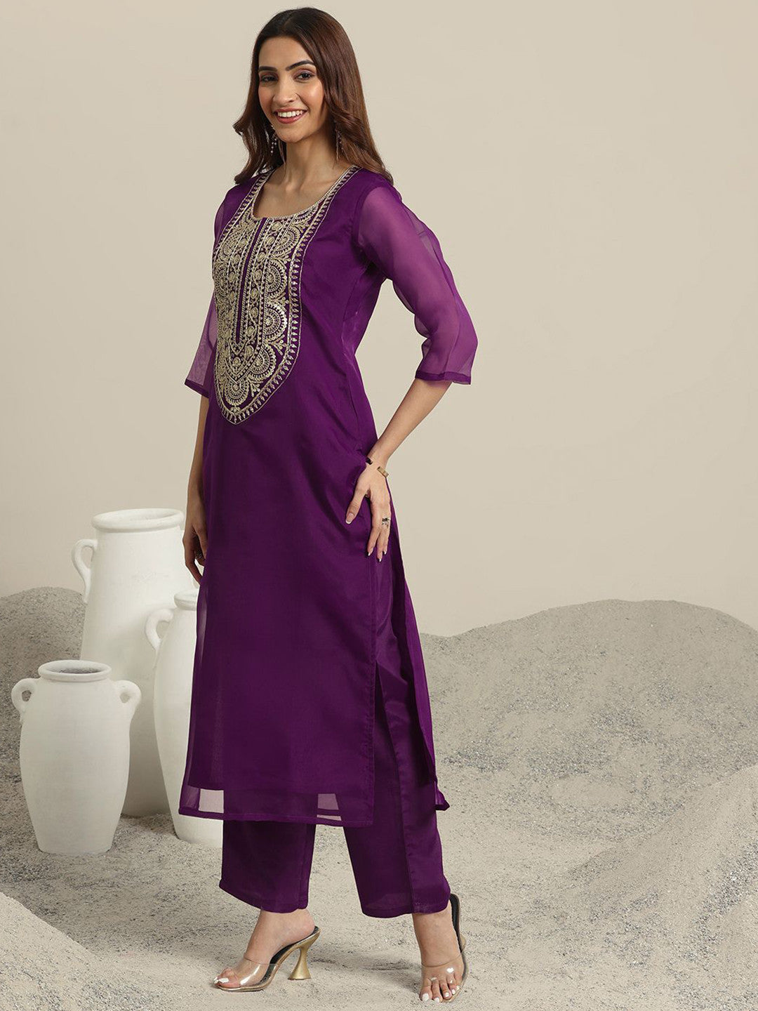 Floral Yoke Design Round Neck Zari Organza Straight Kurta & Trousers With Dupatta