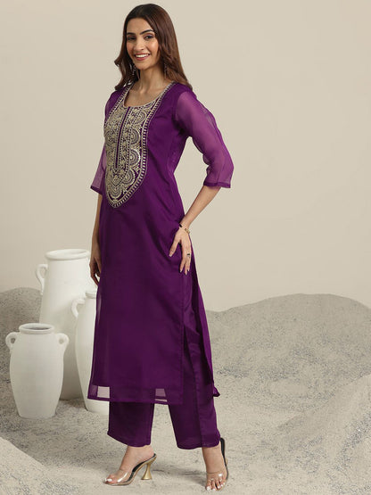Floral Yoke Design Round Neck Zari Organza Straight Kurta & Trousers With Dupatta
