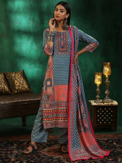 Women's LB Multicoloured Printed Linen Straight Suit With Dupatta