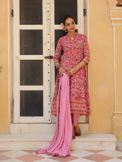 Dhiyona RR Women's Floral Printed Regular Pure Cotton Kurta with Trousers & With Dupatta