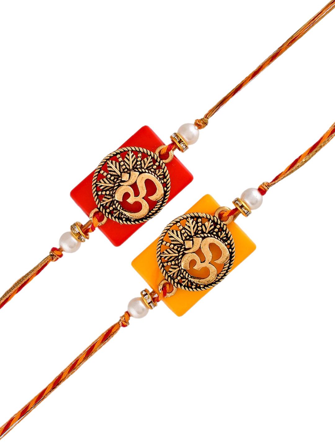 Dhiyona Gold Toned Set Of 2 Om Charm Thread Rakhis With Roli Chawal & Greeting Card