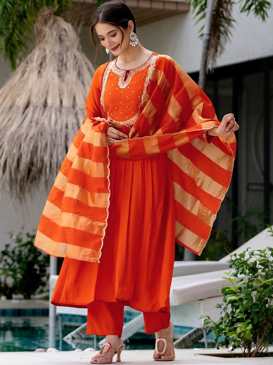 Dhiyona KL Women Embroidered Chanderi Silk Kurta with Trousers & Dupatta