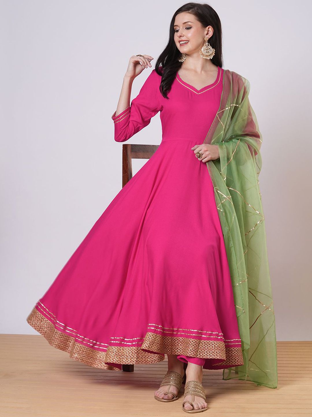 Dhiyona KL Gotta Patti Sweetheart Neck Anarkali Kurta With Trousers And Dupatta
