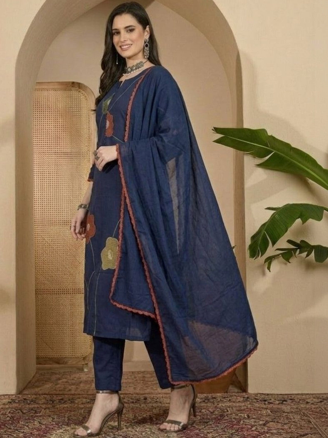 Embroidered Cotton Round Neck Kurta & Trousers With Dupatta