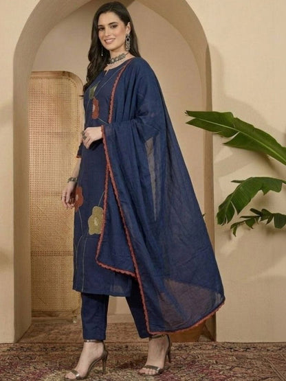 Embroidered Cotton Round Neck Kurta & Trousers With Dupatta