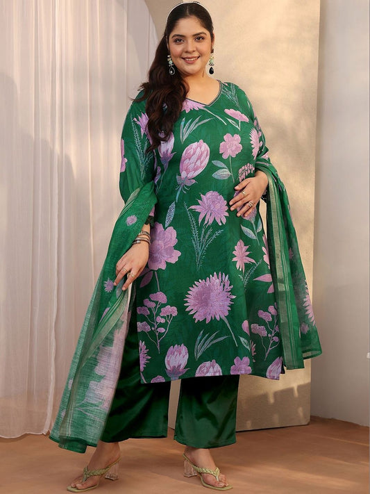 Dhiyona Women's Plus Size Floral Printed Linen Kurta with Trousers & Dupatta