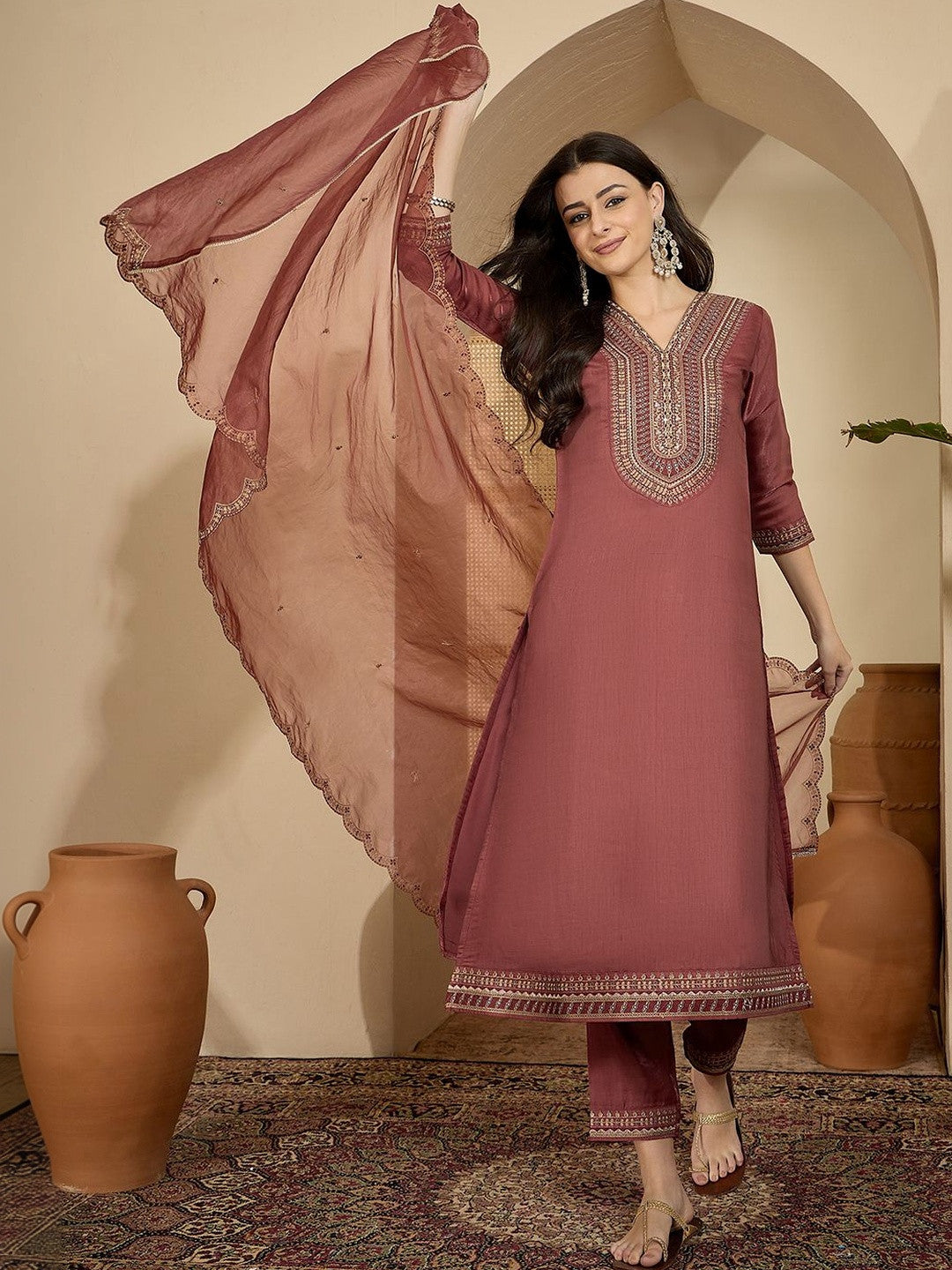 Embroidered V-Neck Kurta & Trousers With Dupatta