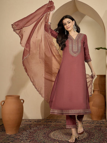 Embroidered V-Neck Kurta & Trousers With Dupatta