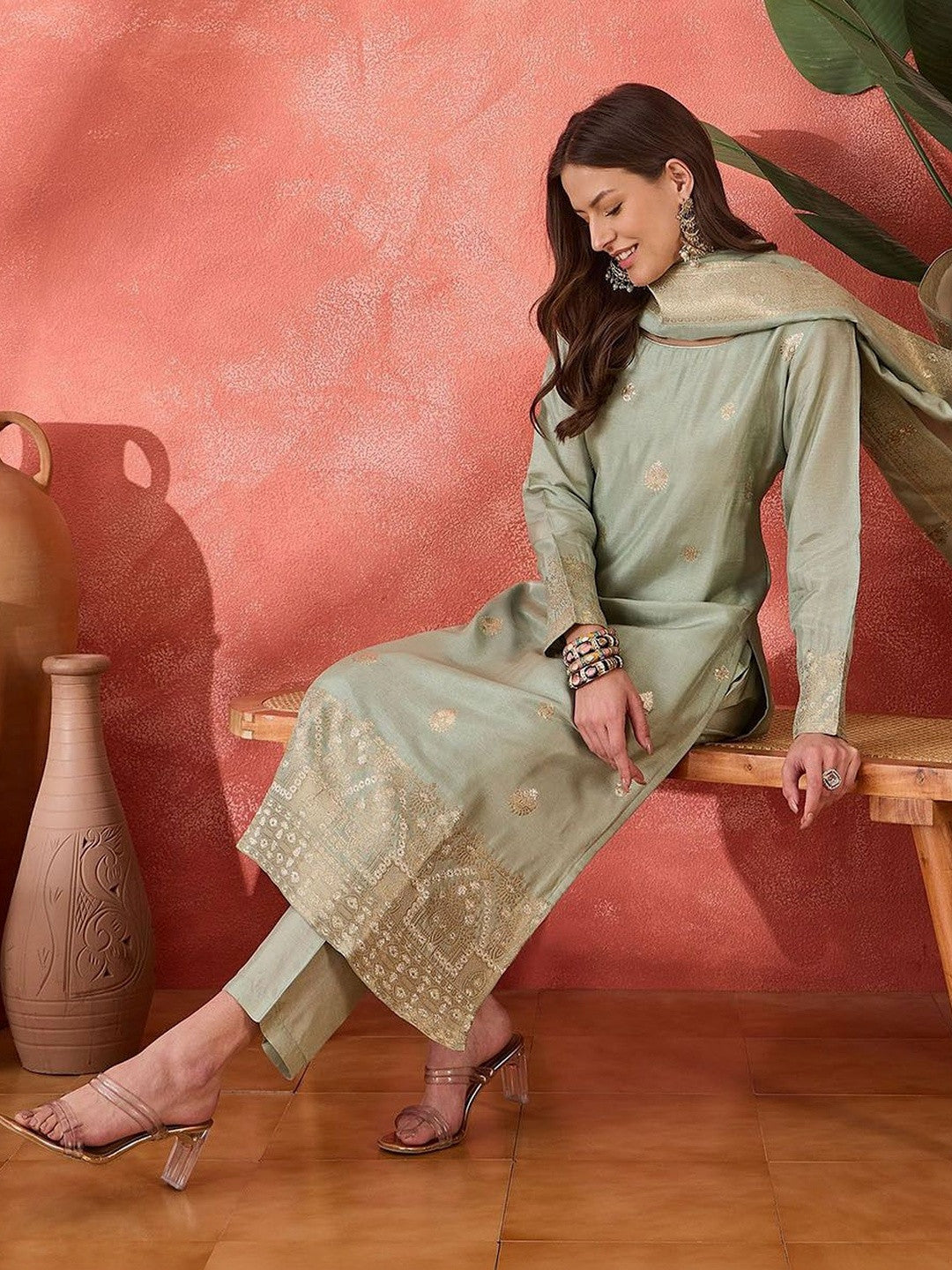 Woven Design Round Neck Straight Kurta With Trousers And Dupatta