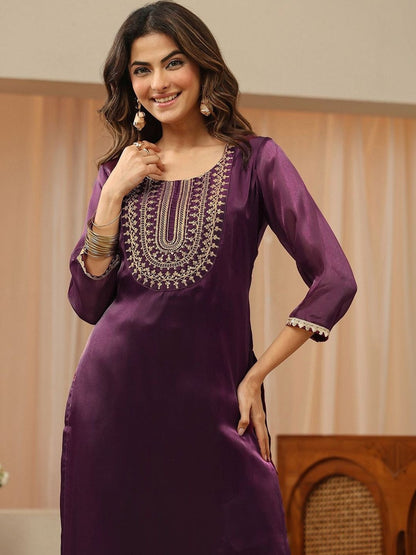 Libas Burgundy Yoke Design Tissue Straight Suit Set