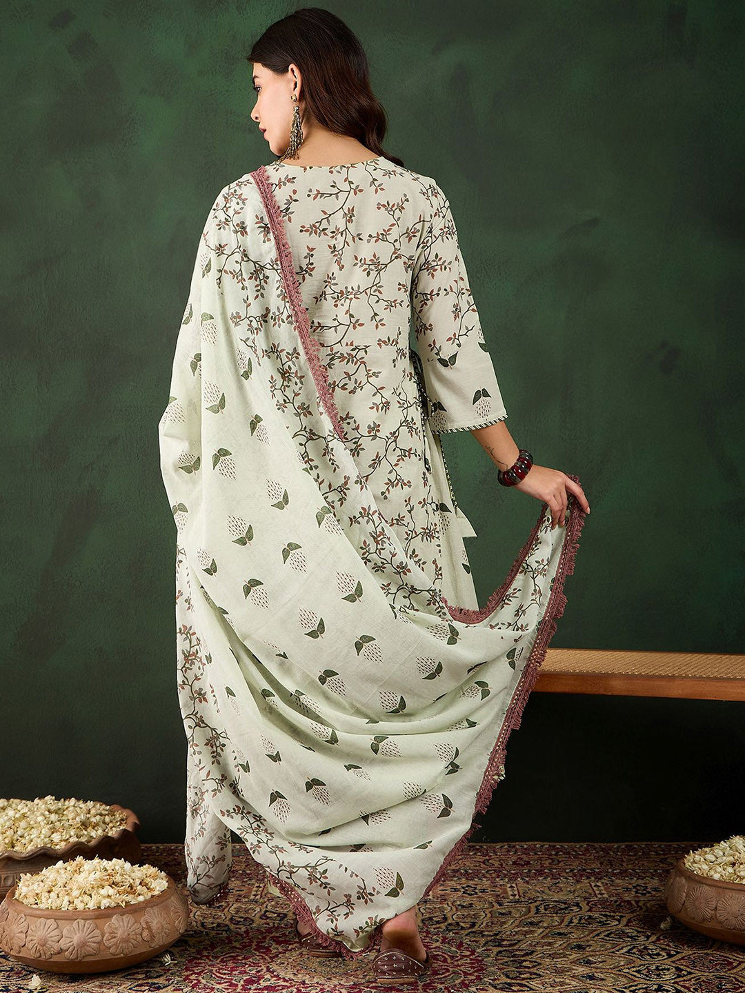 Floral Printed Pure Cotton Kurta With Trousers & Dupatta
