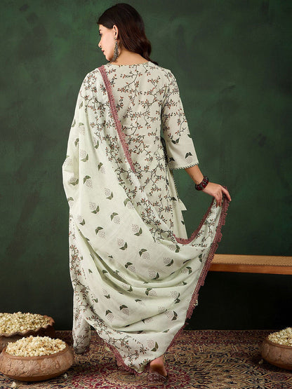 Floral Printed Pure Cotton Kurta With Trousers & Dupatta