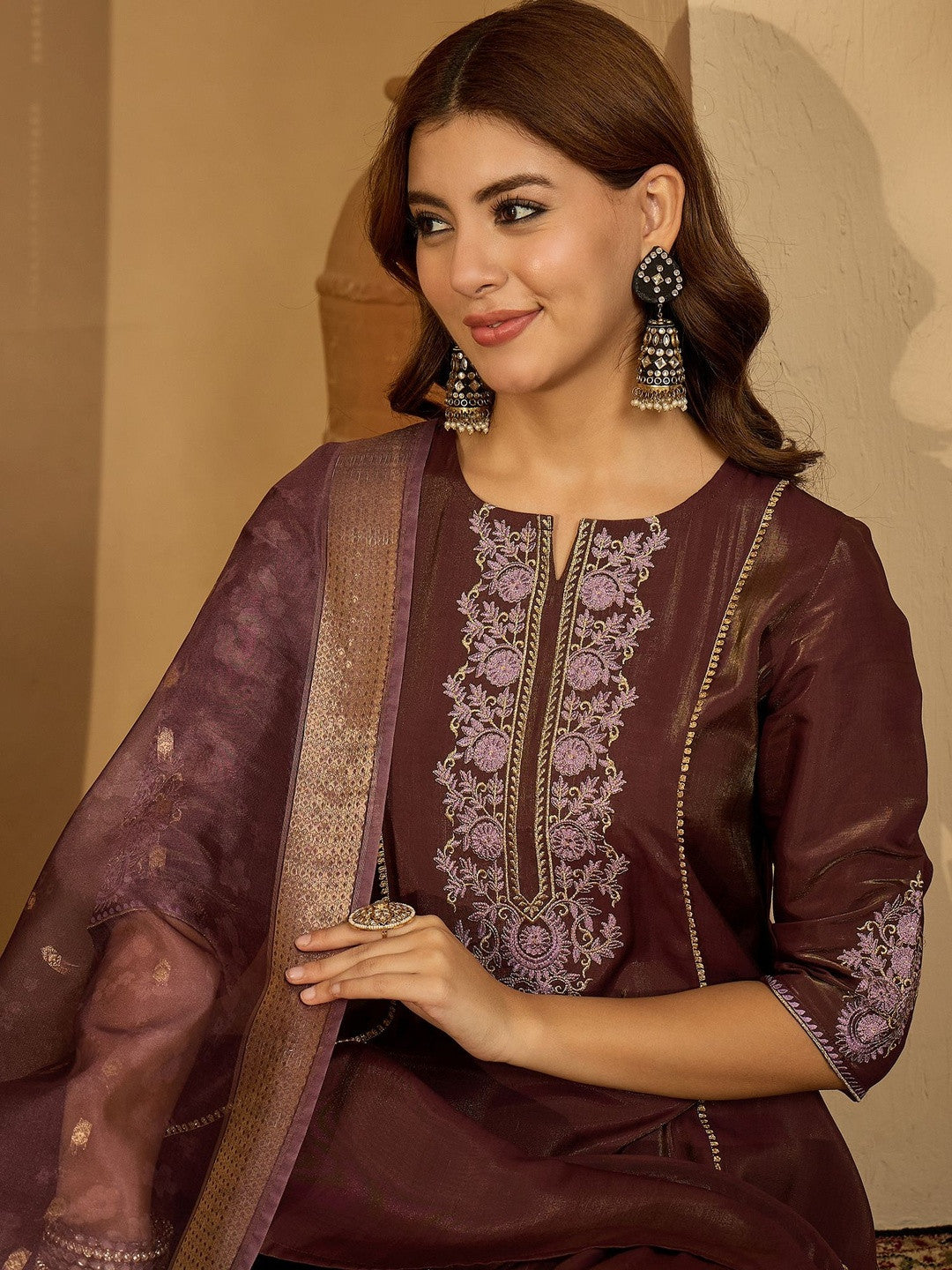 Women Brown Embroidered Kurta Sets With Dupatta