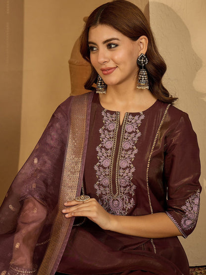 Women Brown Embroidered Kurta Sets With Dupatta