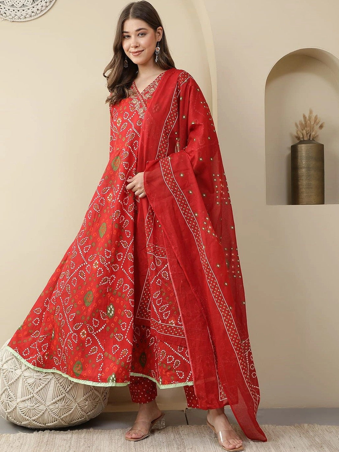 Dhiyona SN Women Leheriya Printed Angrakha Cotton Kurta with Trousers & Dupatta