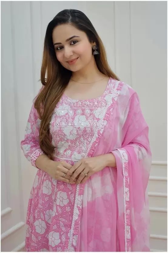 Dhiyona KL Floral Printed Mirror Work Pure Cotton Anarkali Kurta With Palazzo & Dupatta