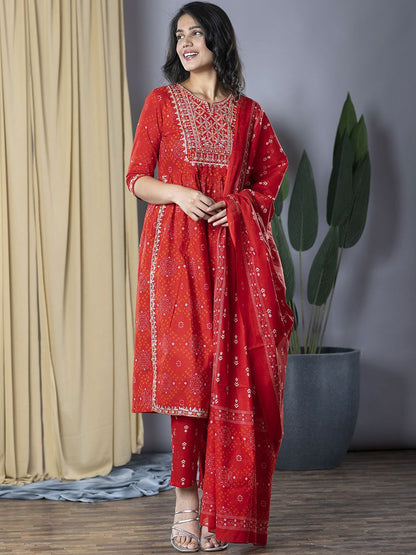 Dhiyona KL Bandhani Printed Thread Work Pure Cotton Kurta With Trousers & Dupatta