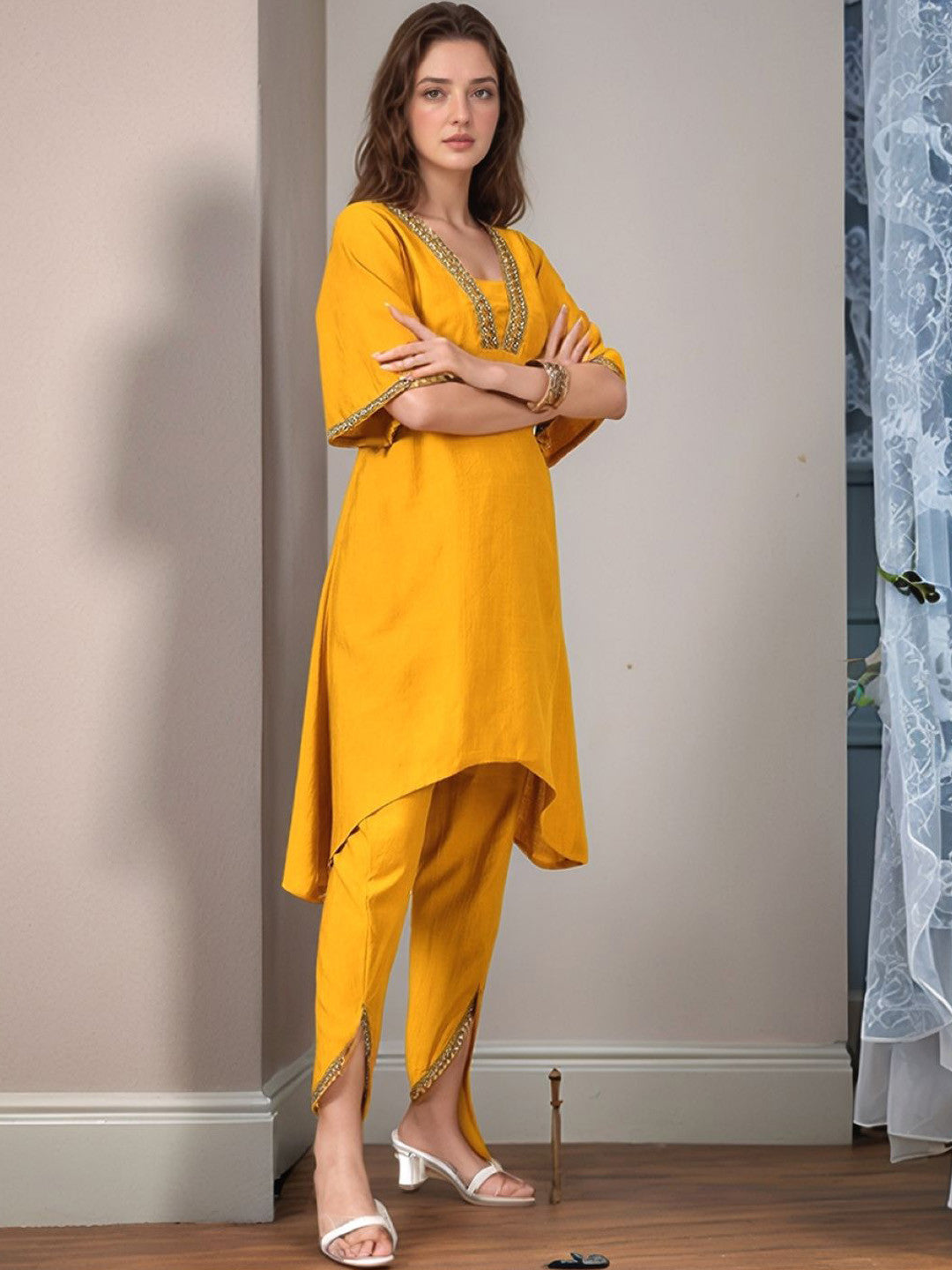 Women Solid Ethnic Kurta with Dhoti Pant