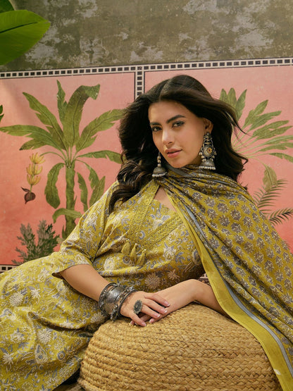 Printed Straight Kurta With Trousers & Dupatta Set
