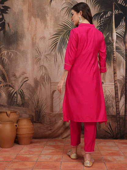 Yoke Design Sequinned Shirt Collar Kurta with Trouser