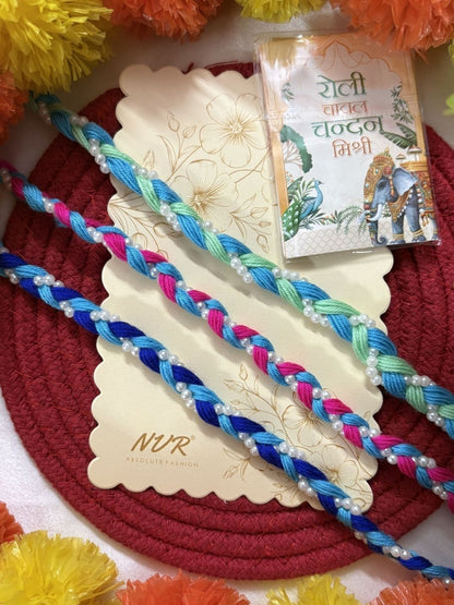 Dhiyona Set Of 3 Multicolor Thread Rakhi With Roli Chawal Chandan Mishri