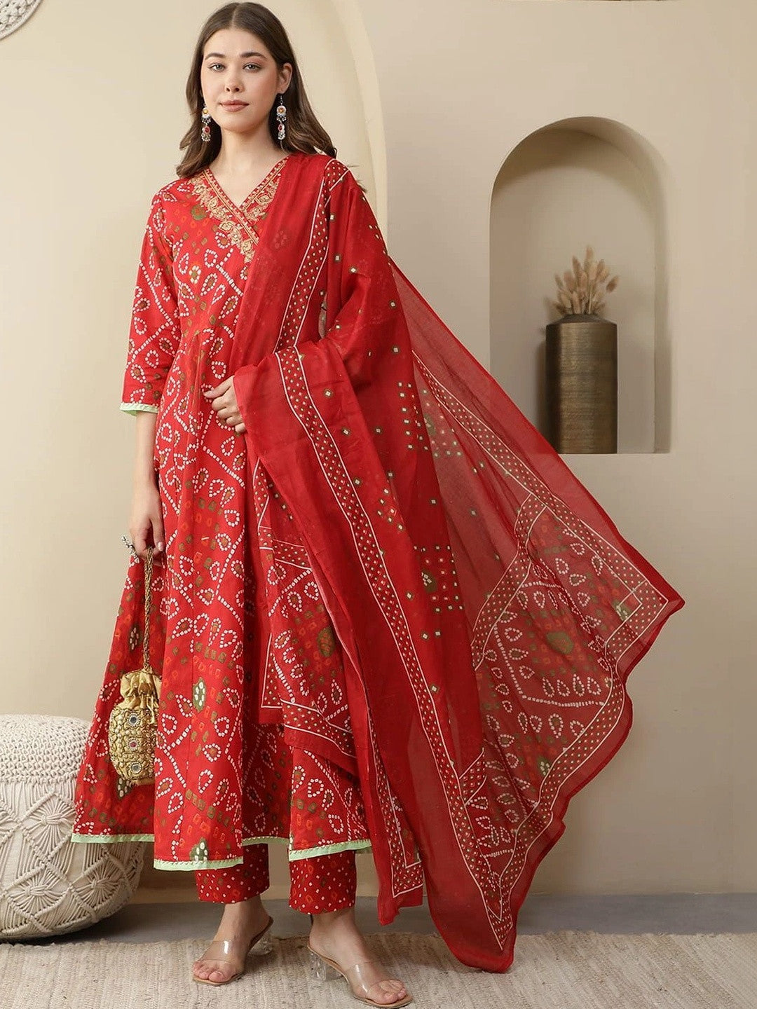Women Leheriya Printed Angrakha Cotton Kurta with Trousers & Dupatta