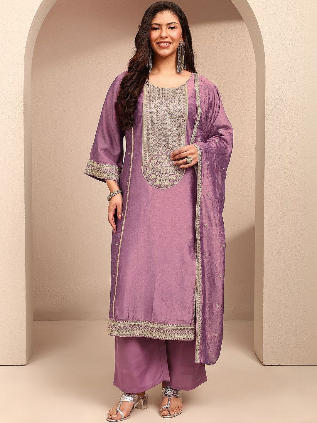 Dhiyona Women's Ethnic Motifs Embroidered Regular Thread Work Kurta with Palazzos & With Dupatta