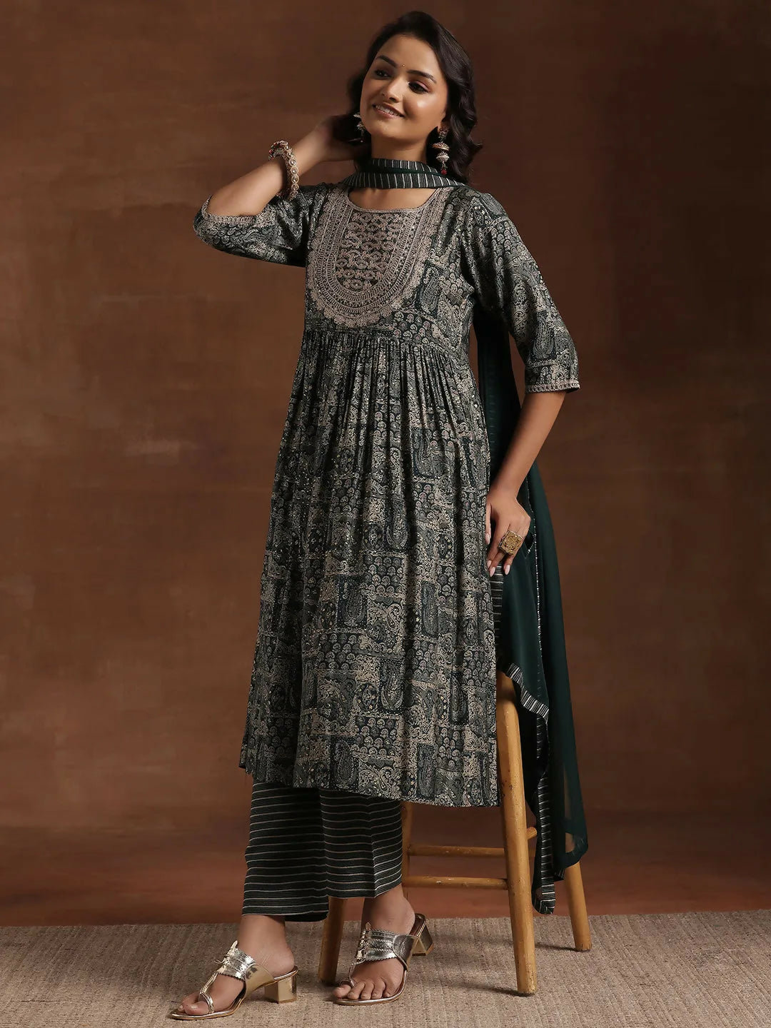 Women's LB Green Printed Silk Blend A-Line Kurta With Trousers & Dupatta