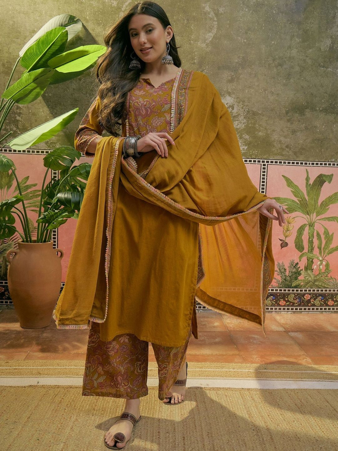 Pure Cotton Round Neck Kurta & Palazzos With Dupatta